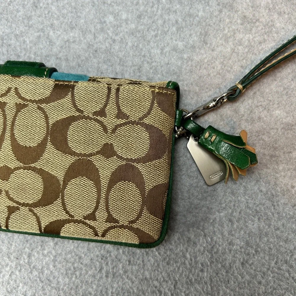 Coach Y2K Signature Patchwork Wristlet Green Teal Suede Canvas Buckle Wallet Bag